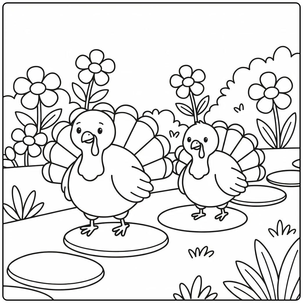 turkey coloring page for toddlers with two walking turkeys