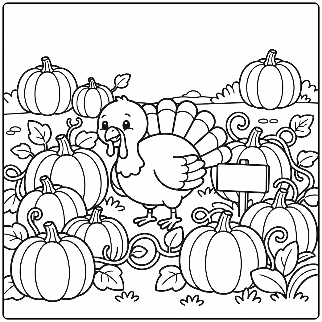 Turkey coloring page with pumpkin patch and vines