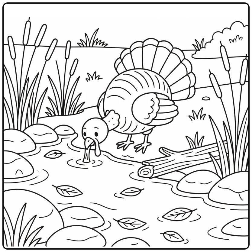 Turkey coloring page heritage bird by stream with reeds
