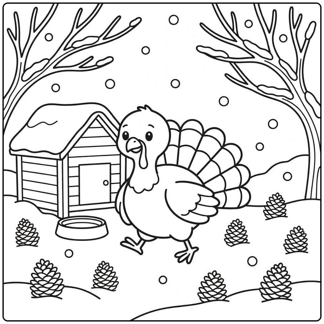 Turkey coloring page with snowy coop and feed dish