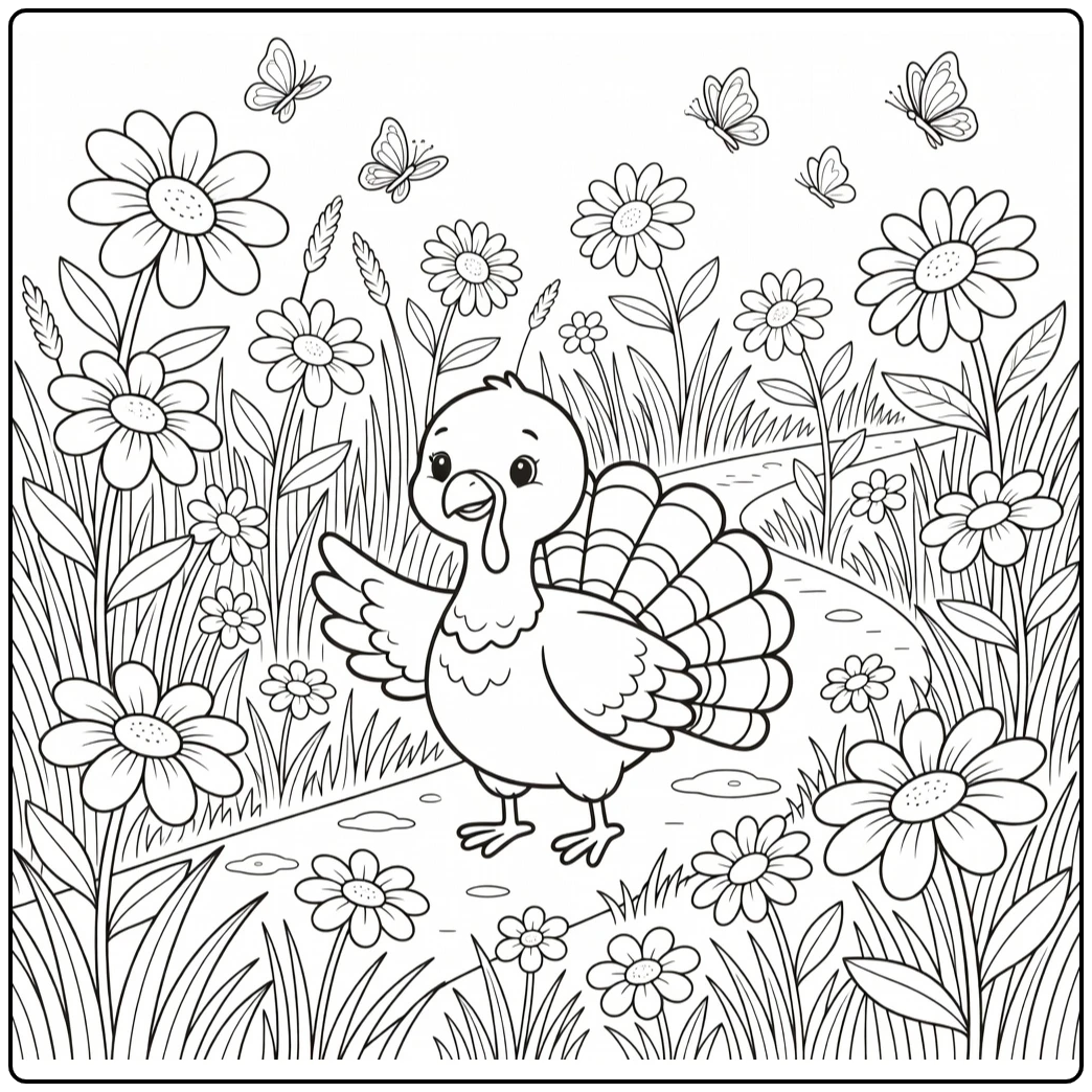 Cute turkey coloring page with butterflies in sunny meadow