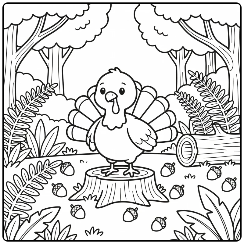 turkey coloring page with woodland ferns and acorns