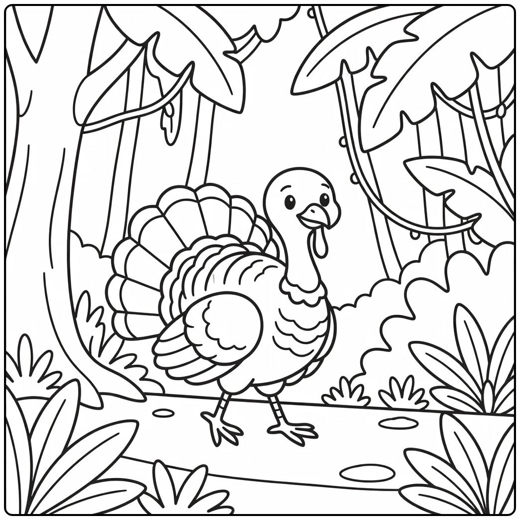 Ocellated turkey coloring page in lush jungle setting
