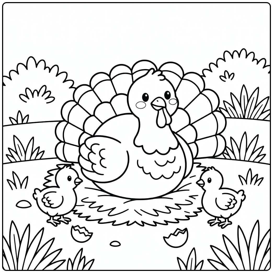 Turkey coloring page with hen resting near poults in nest
