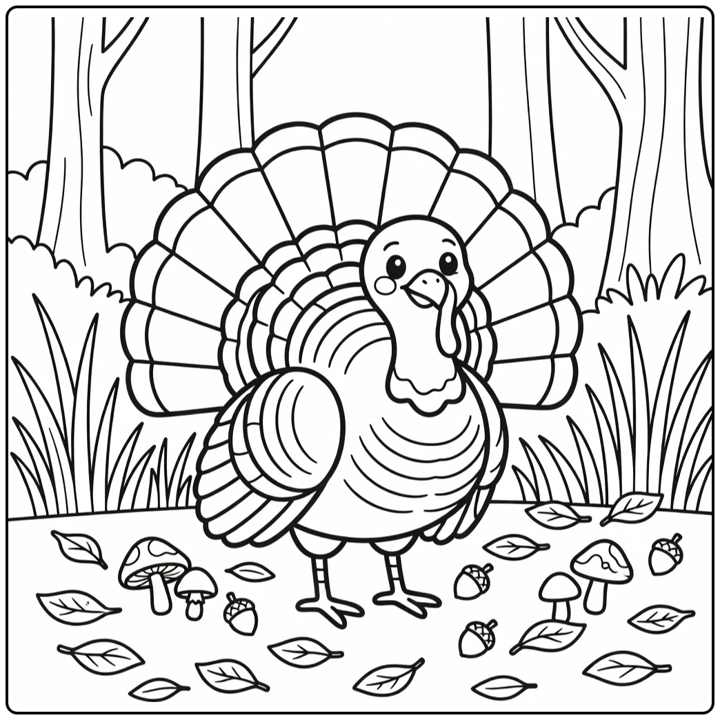 Turkey coloring page of wild bird in woods with fanned tail