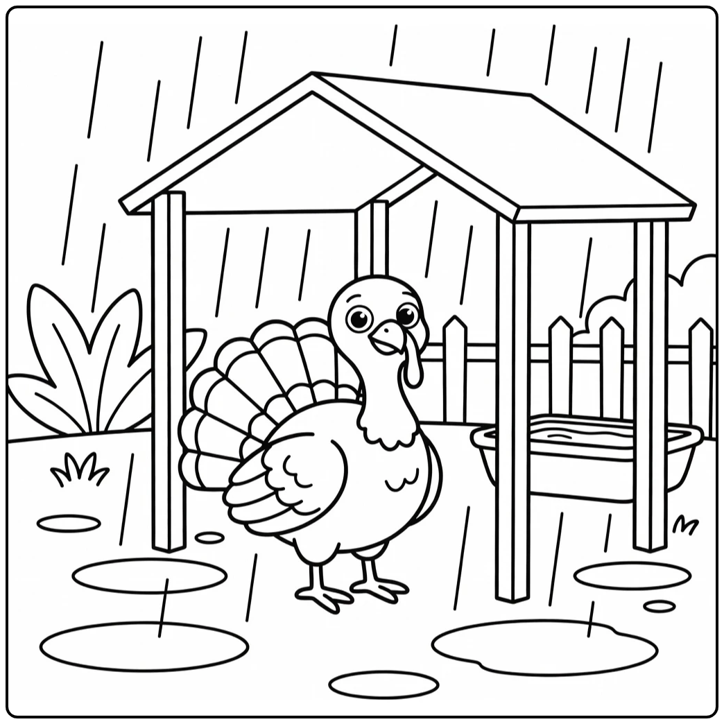 turkey coloring page cute bird under rainy farm shelter