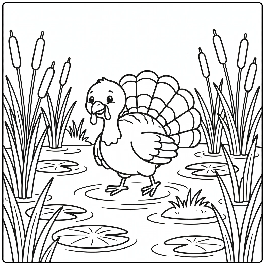 turkey coloring page with cute turkey in shallow marsh