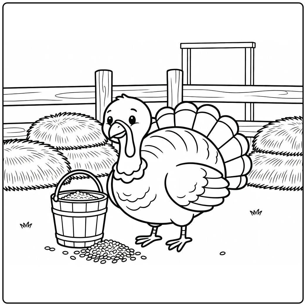 Turkey coloring page with barnyard turkey pecking grains