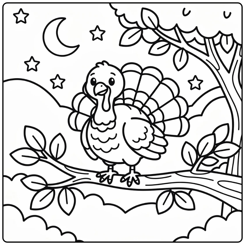 Turkey coloring page with crescent moon and starry night sky