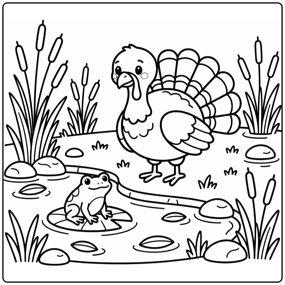 Turkey coloring page beside pond with frog on lily pad