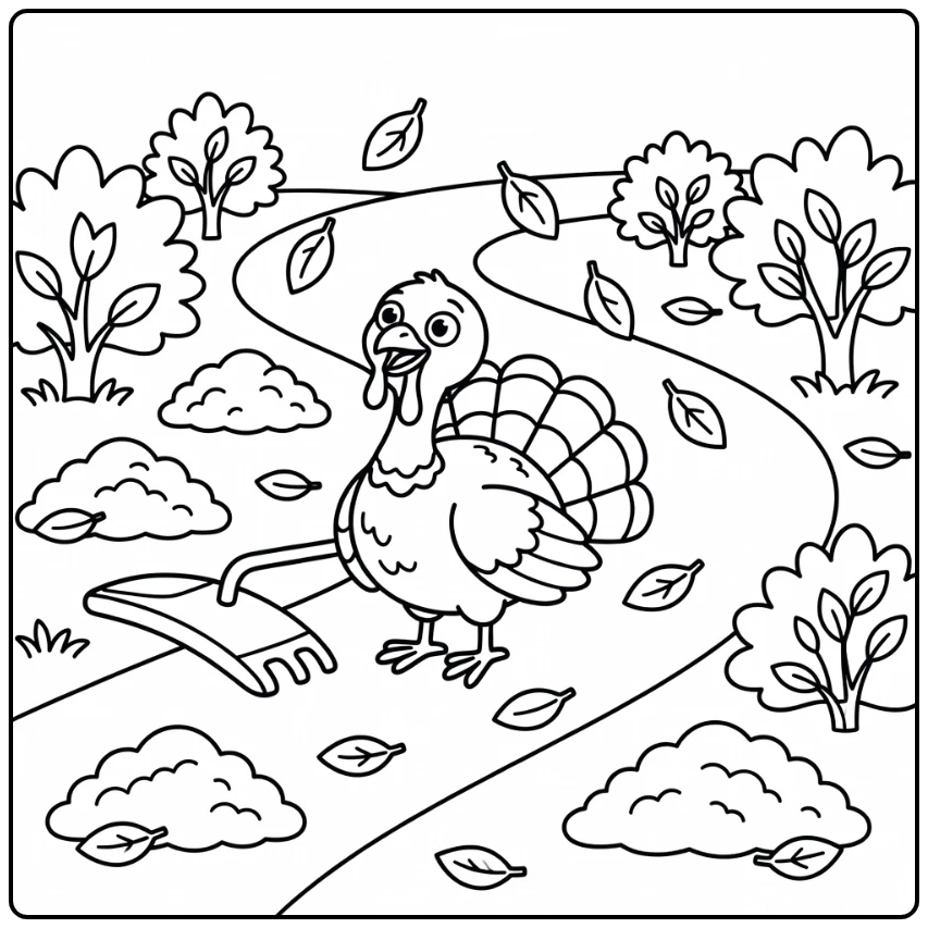 Turkey coloring page of turkey by wheelbarrow with falling leaves