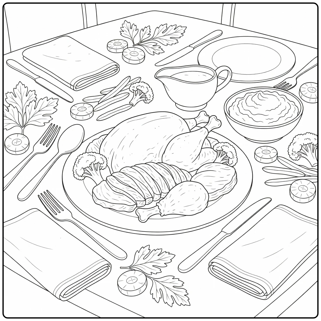 turkey dinner coloring page with sliced turkey and vegetables