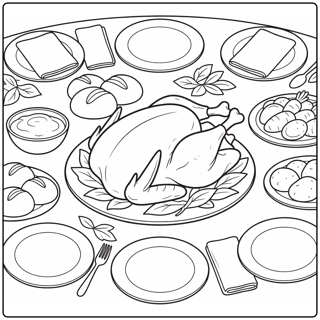 turkey dinner coloring page with roasted turkey on platter