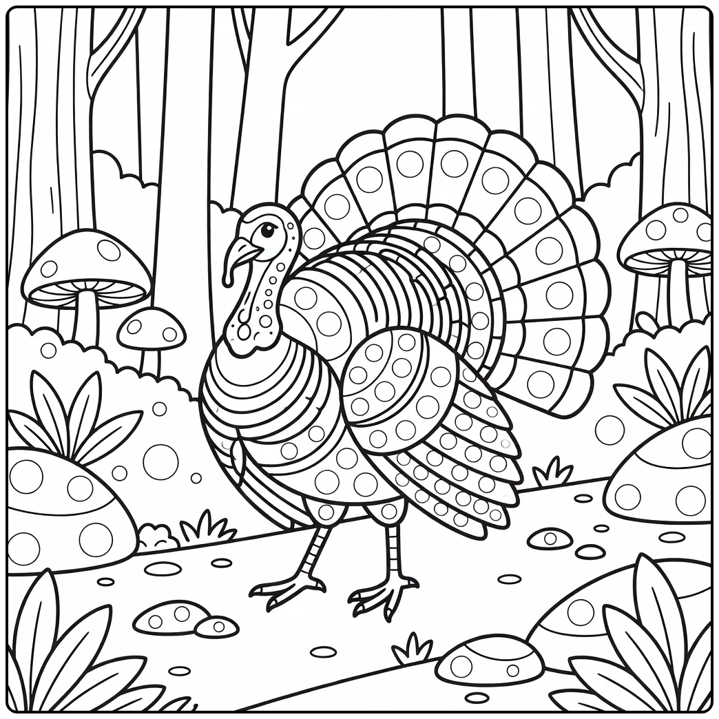 Turkey dot coloring page with wild turkey in woodland