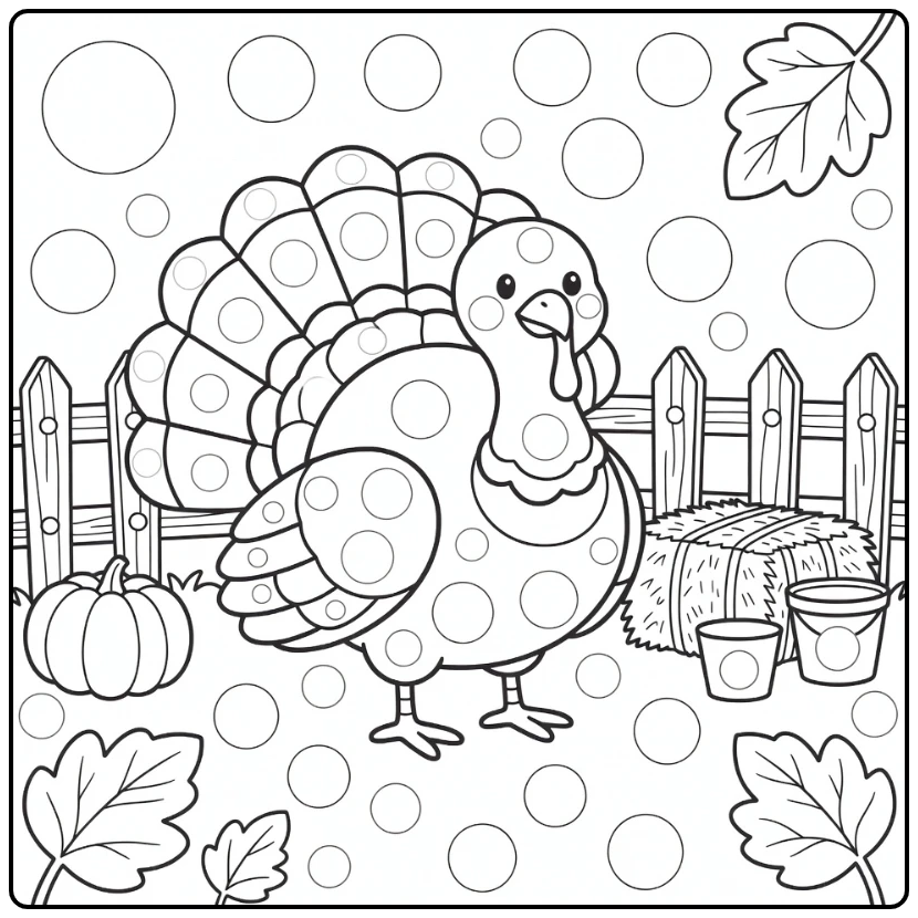 Turkey dot coloring page of plump turkey in farmyard