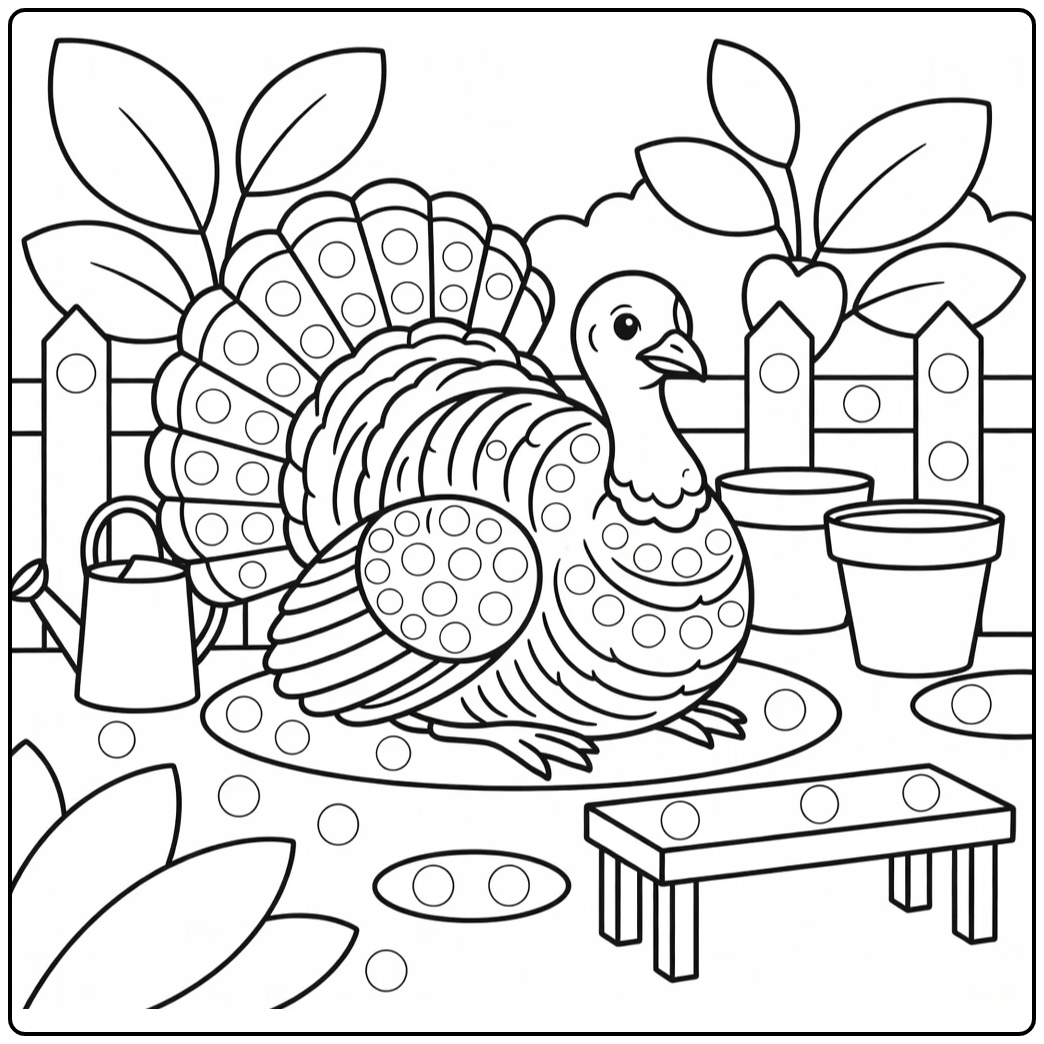 turkey dot coloring page of young farm turkey by garden fence