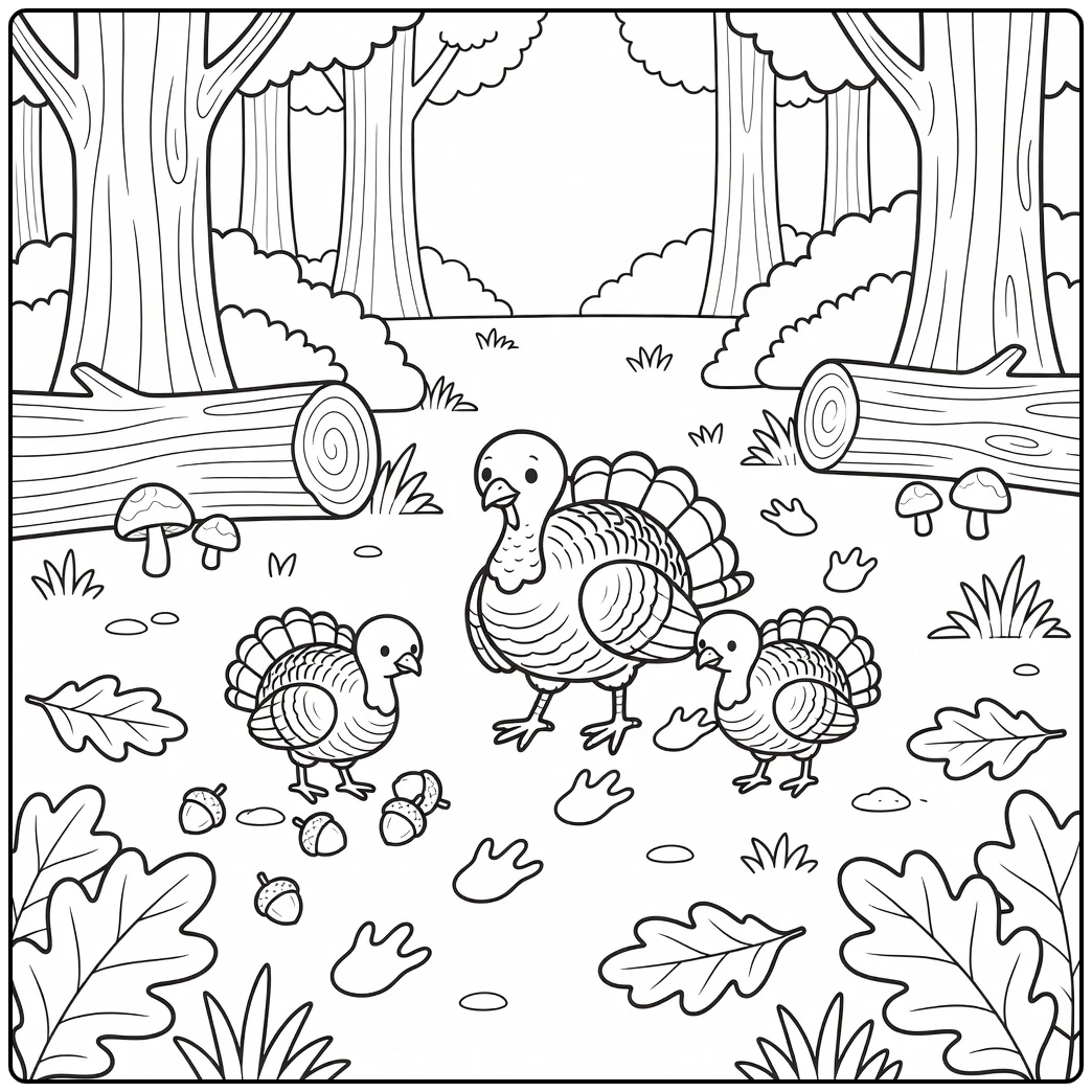 Turkey family coloring page with wild turkeys in woodland