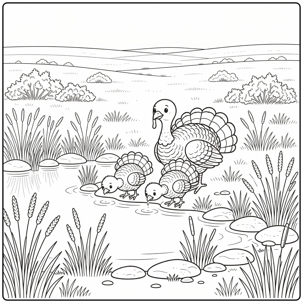 turkey family coloring page at quiet prairie pond edge