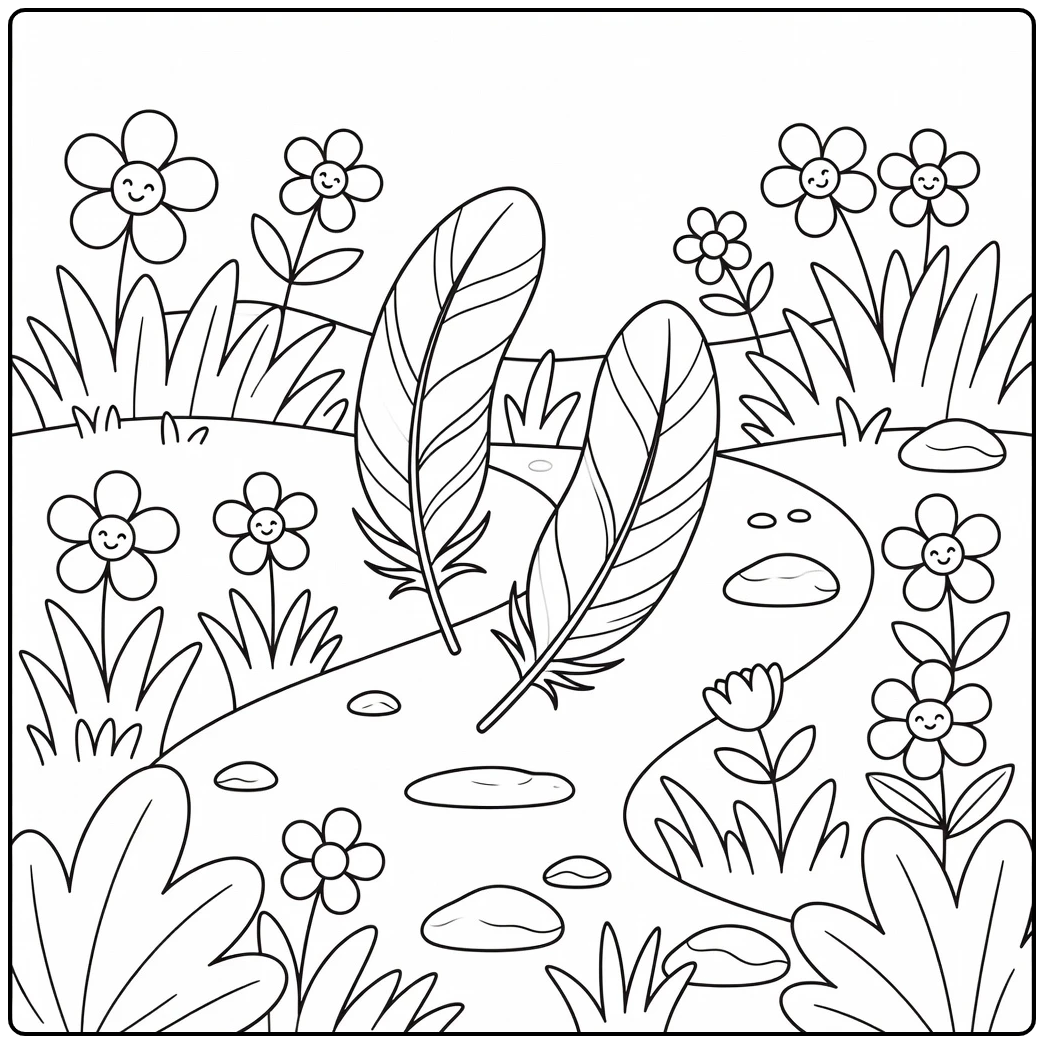 Turkey feather coloring page with two feathers in meadow