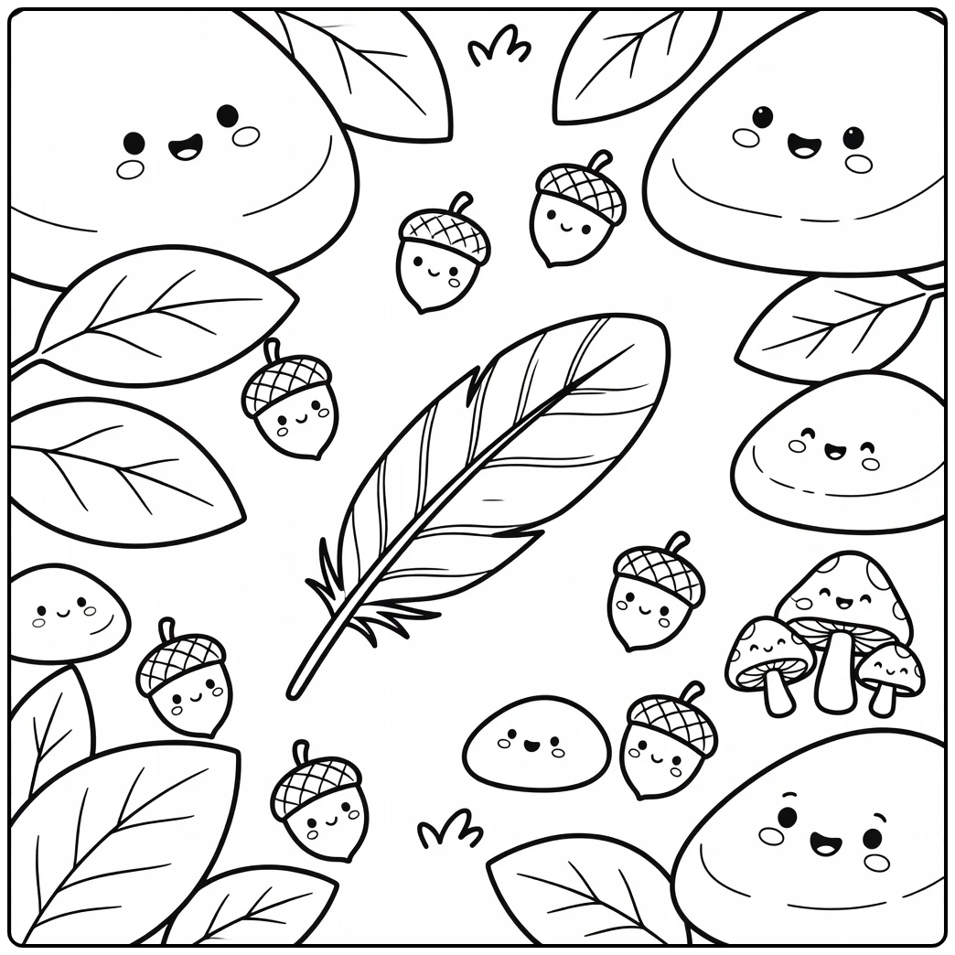 Turkey feather coloring page with acorns leaves and mushrooms