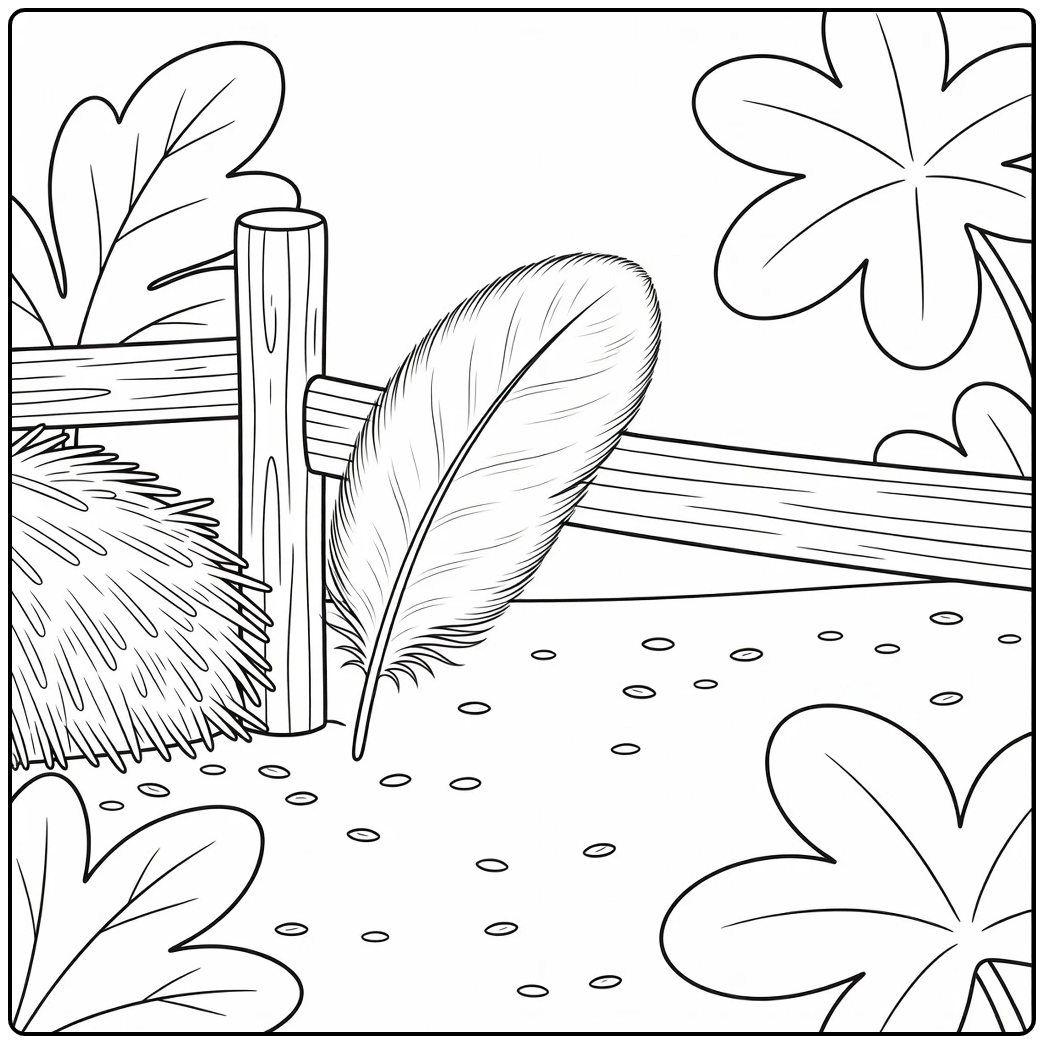 turkey feather coloring page with farm fence and hay