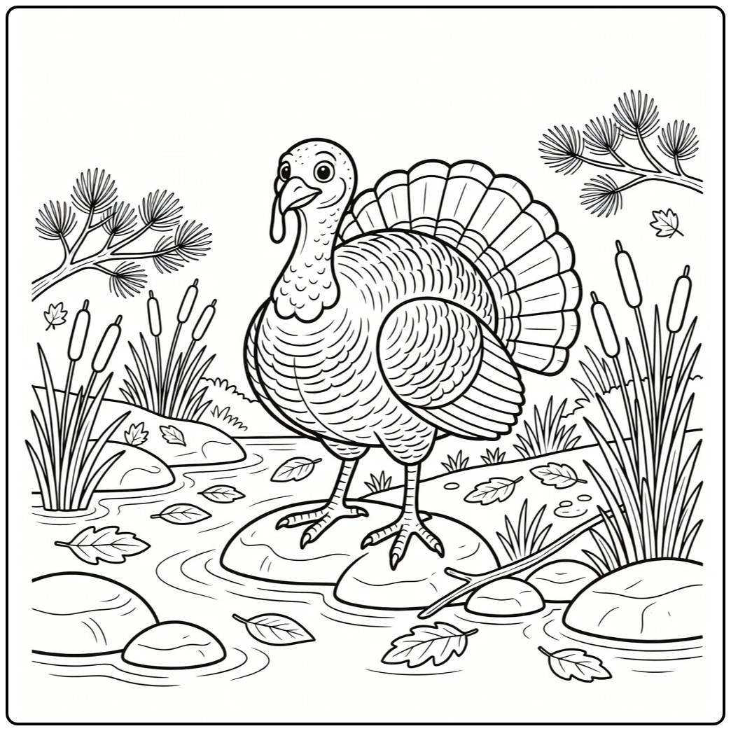 turkey feet coloring page with turkey on river rocks