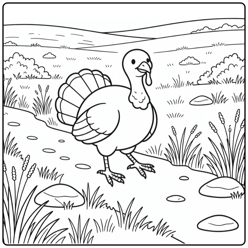 Turkey feet coloring page with walking Rio Grande turkey on path
