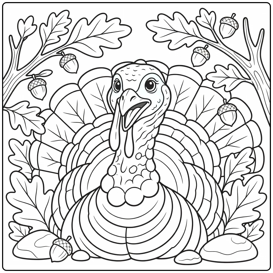 Eastern turkey head coloring page with oak leaves and acorns