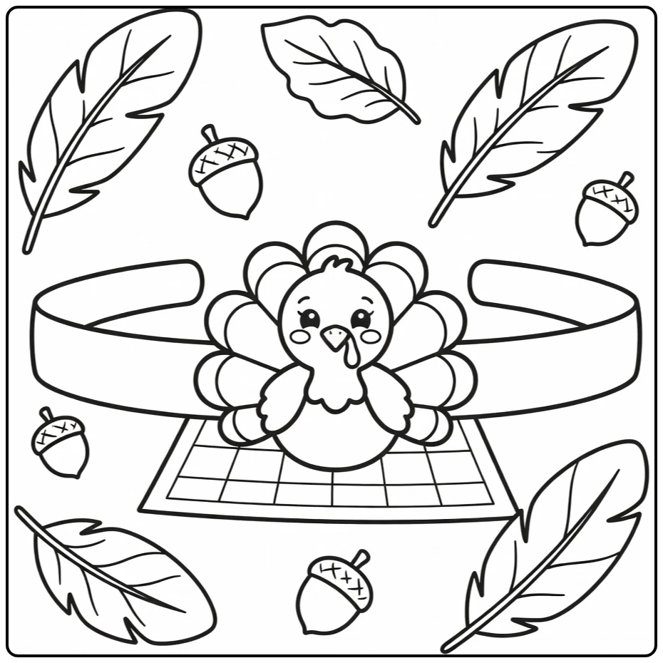 turkey headband coloring page with turkey feathers and acorns