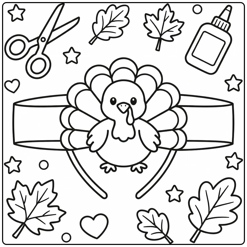 Turkey headband coloring page with flat design and supplies