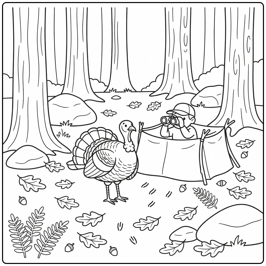 Turkey hunting coloring page with alert turkey near blind