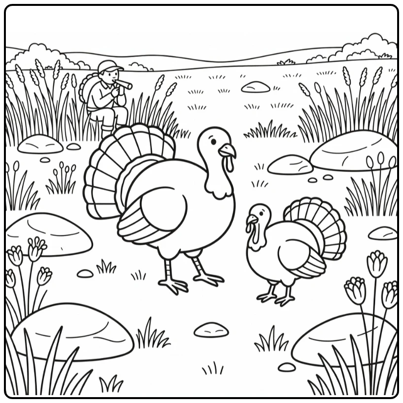 turkey hunting coloring page with wild turkey and decoy