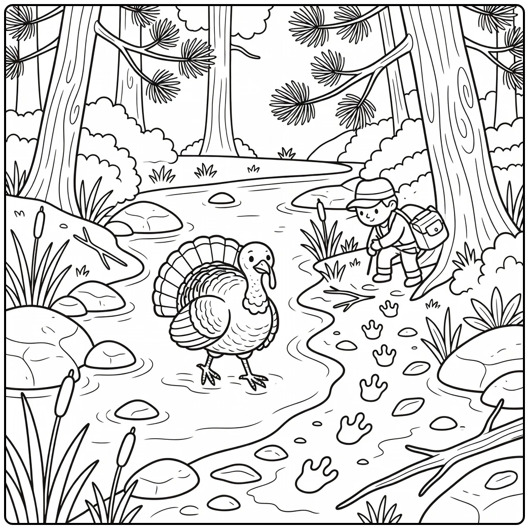 turkey hunting coloring page with turkey crossing creek