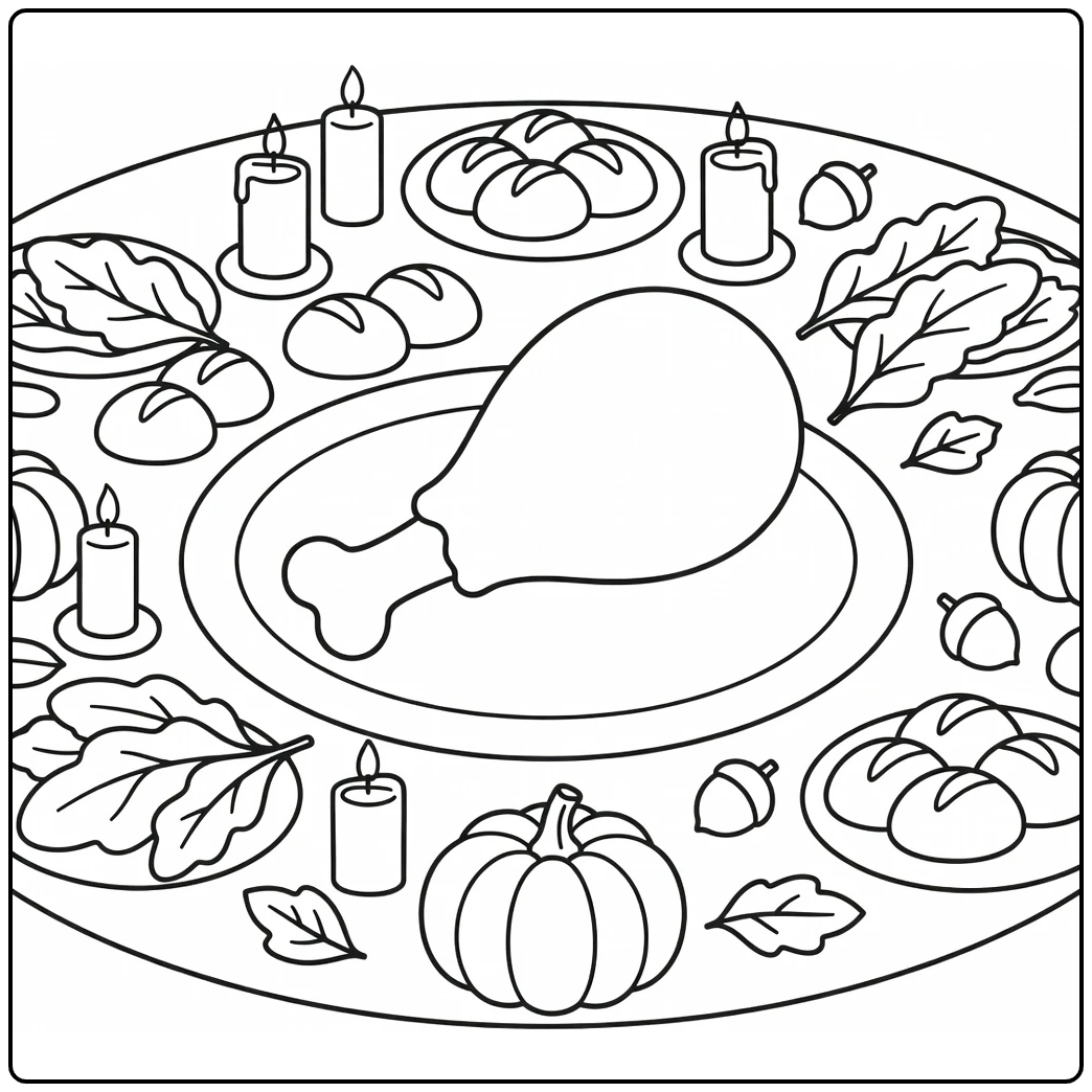 Turkey leg coloring page on round feast table with harvest decor