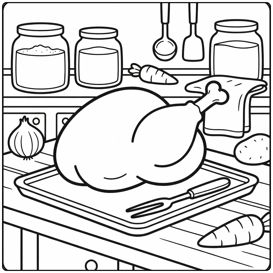 Turkey leg coloring page on wooden kitchen counter with fork