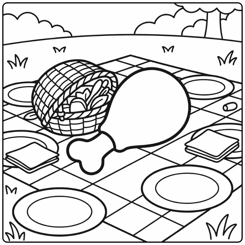 Turkey leg coloring page picnic blanket basket scene