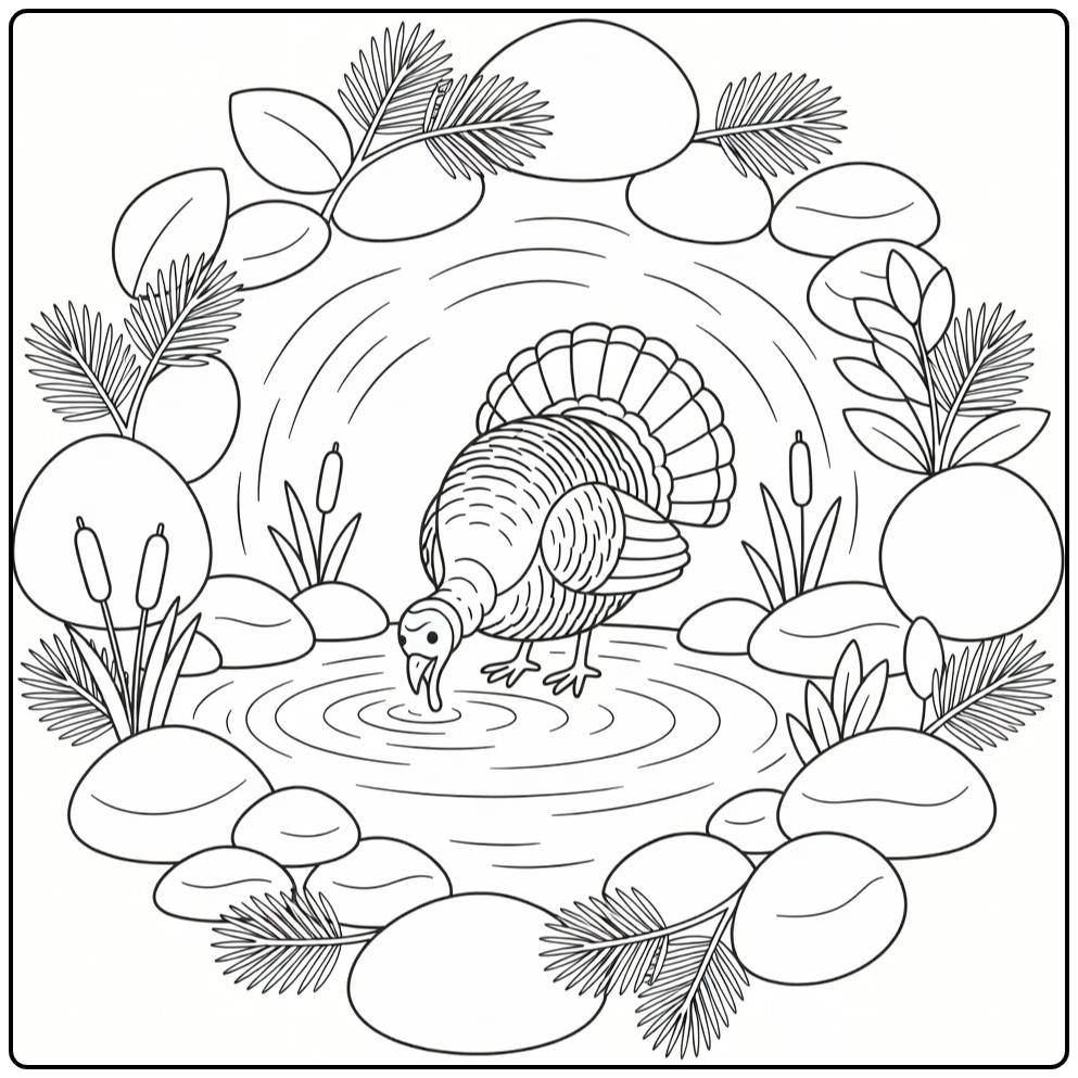 turkey mandala coloring page with wild turkey by stream
