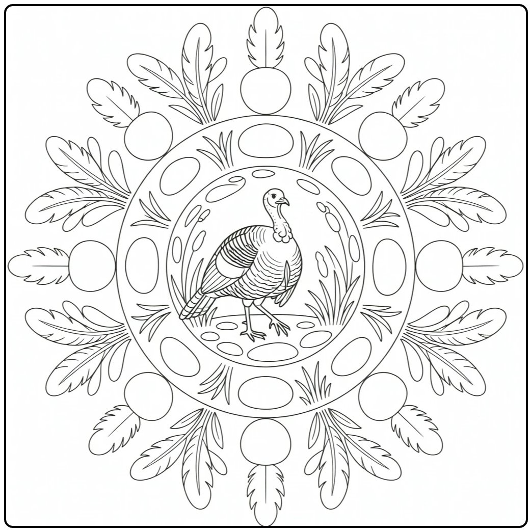 Turkey mandala coloring page of wild turkey on prairie path