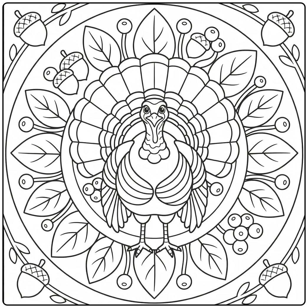 turkey mandala coloring page of Eastern wild turkey in leaves
