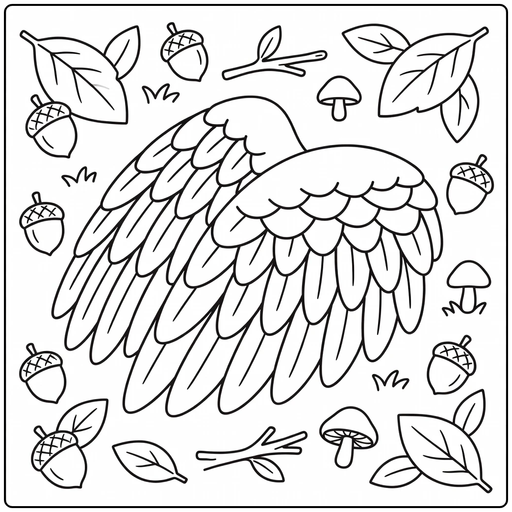 Turkey wings coloring page with acorns and leaves