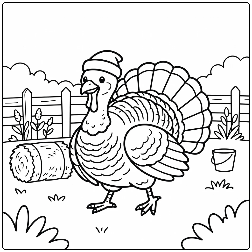Turkey with hat coloring page on a farmyard