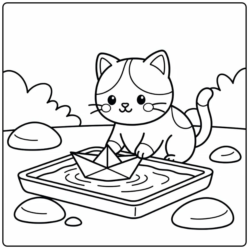 Tuxedo cat coloring pages: nudges paper boat in water