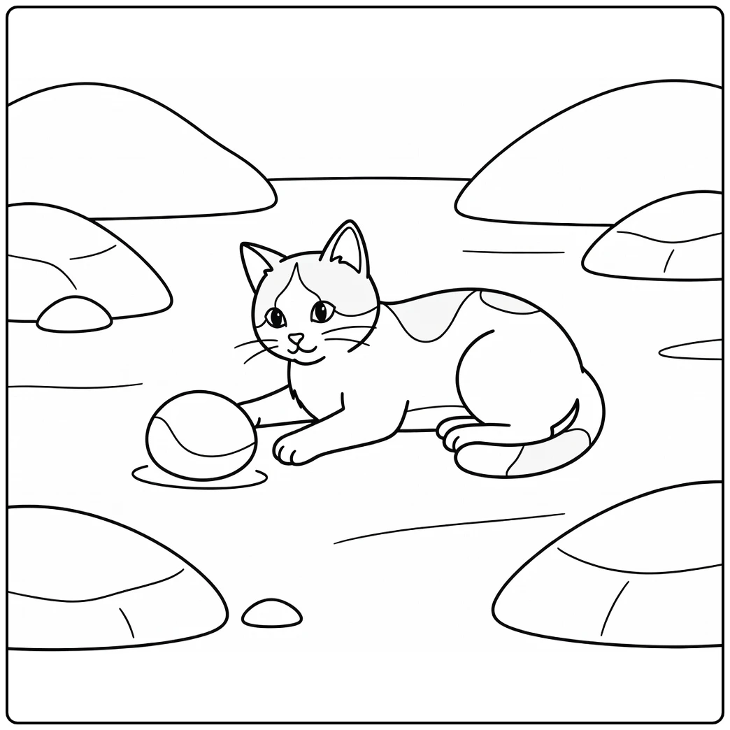 Tuxedo cat coloring pages: calm cat rolling pebble with paw