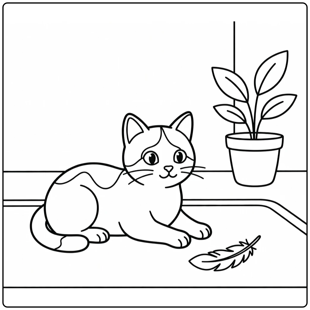 Tuxedo cat coloring pages: calm cat eyeing drifting feather