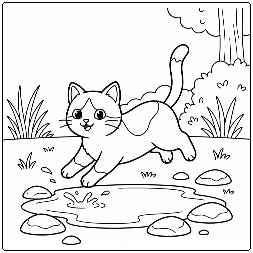Playful tuxedo cat leaping puddle tuxedo cat coloring pages