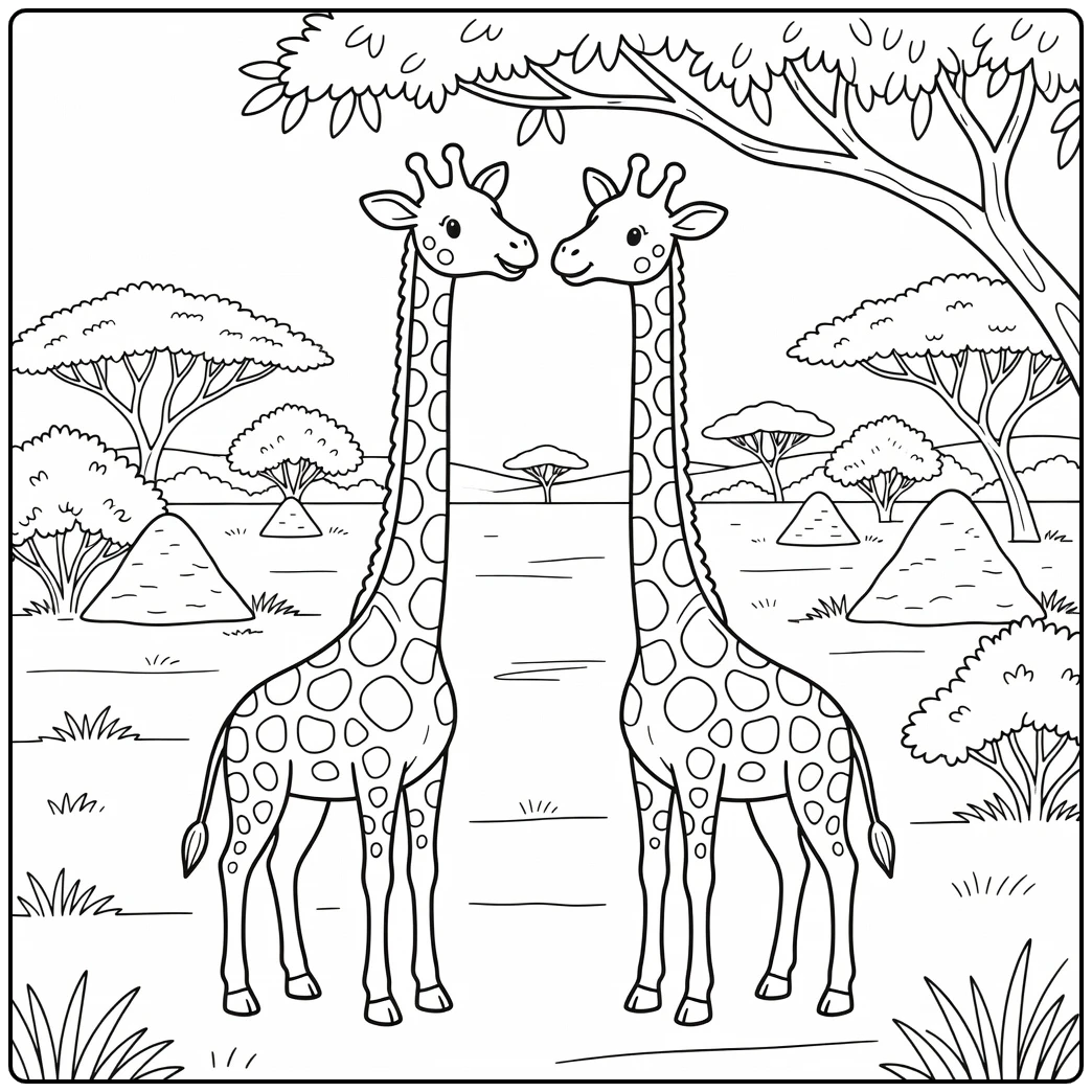 Wild animals coloring page: two giraffes reaching high tree branches