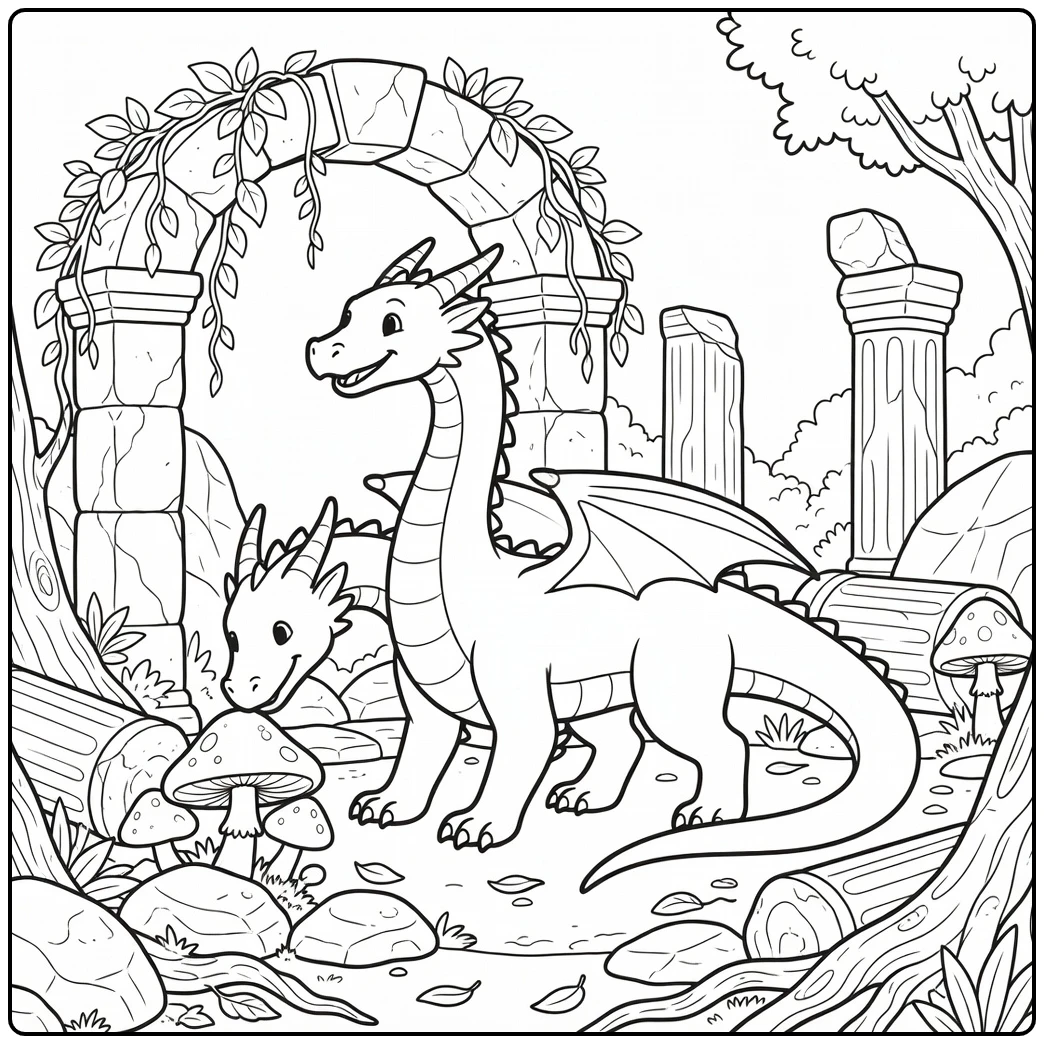 Two headed dragon coloring page in ancient forest ruins