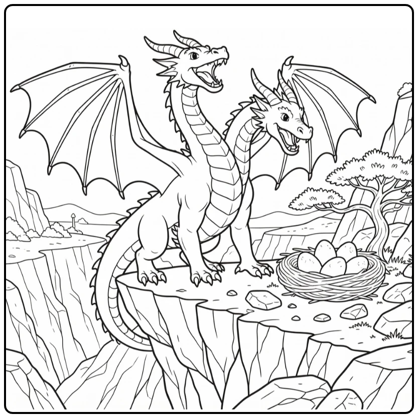 Two headed dragon coloring page roaring over egg nest on cliff