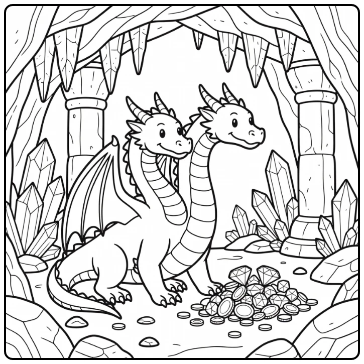 two headed dragon coloring page emerging from crystal cave treasure