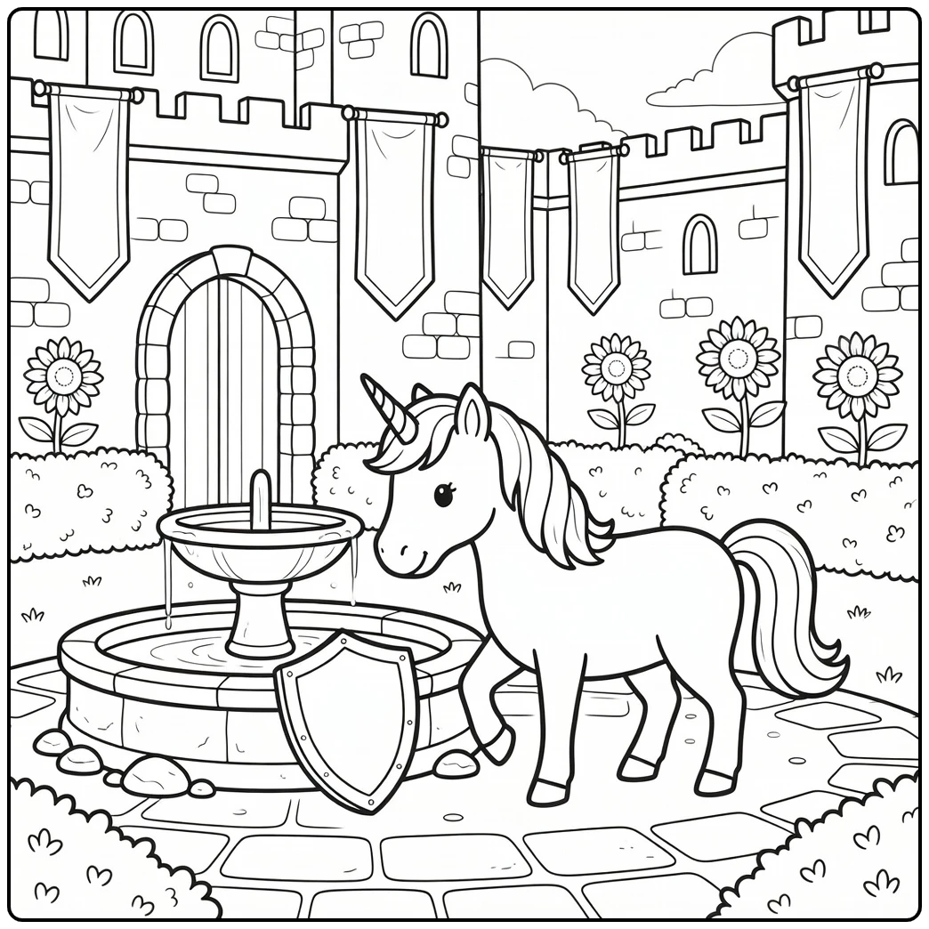 Unicorn and castle coloring page: curious unicorn eyes shield by fountain